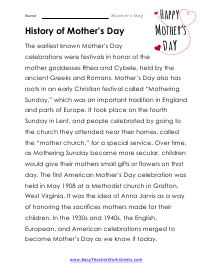 History of Mother's Day Reading Worksheet