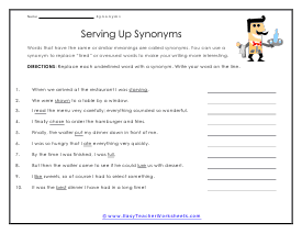 Serving Up Synonyms Worksheet