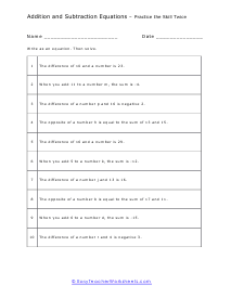 Equations From Math Sentences Worksheet