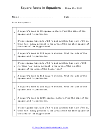 Square Roots in Equations Worksheet