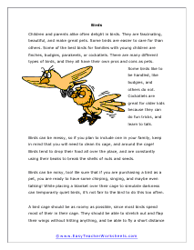 Birds Reading Worksheet Page 1