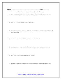 Tubman Short Answer Question Worksheet