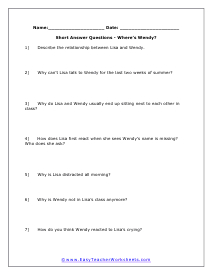 Wendy Short Answer Worksheet