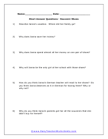 Souvenir Short Answer Worksheet