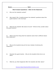 Alien Short Answer Worksheet