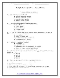 Harvest Moon Multiple Choice Worksheet