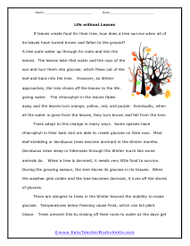 Without Leaves Reading Worksheet