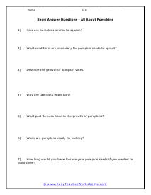 Pumpkins Short Answer Worksheet