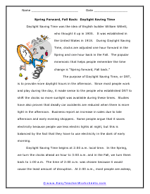 Daylight Saving Reading Worksheet