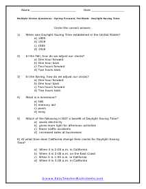 Daylight Saving Multiple Choice Worksheet