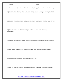 Days of Winter Short Answer Worksheet