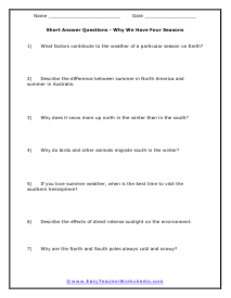 Four Seasons Short Answer Worksheet