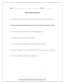 Dinosaur Short Answer Worksheet