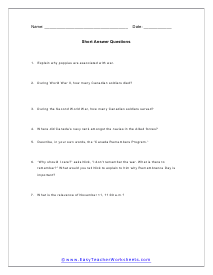 Remembrance Day Short Answer Worksheet