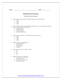 Veterans Day Multiple Choice Worksheet