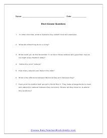 Veterans Day Short Answer Worksheet