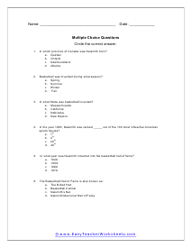 Basketball Multiple Choice Worksheet