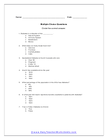 Diabetes Multiple Choice Worksheet