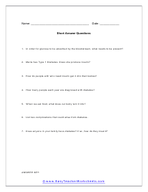 Diabetes Short Answer Worksheet