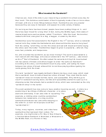 Sandwich Reading Worksheet