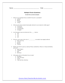 Sandwich  Multiple Choice Worksheet