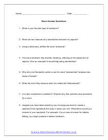 Sandwich Short Answer Worksheet