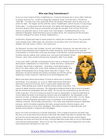 King Tut Reading Worksheet