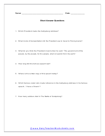 Gettysburg Address Short Answer Worksheet