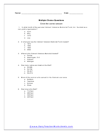 Veterans Memorial Multiple Choice Worksheet