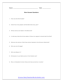 Veterans Memorial Short Answer Worksheet