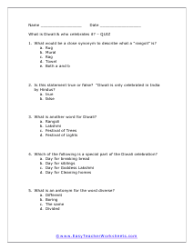 Diwali Multiple Choice Worksheet