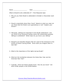 Diwali Short Answer Worksheet