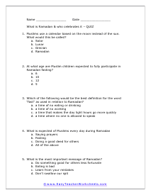 Ramadan Multiple Choice Worksheet