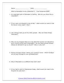 Ramadan Short Answer Worksheet