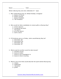 Boxing Day Multiple Choice Worksheet