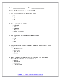 Winter Solstice Multiple Choice Worksheet