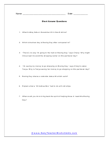 Boxing Day Short Answer Worksheet