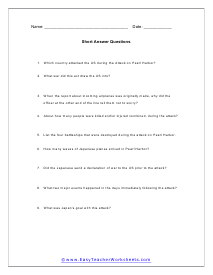 Pearl Harbor Short Answer Worksheet