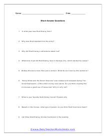 Disney Short Answer Worksheet