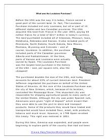 Louisiana Purchase reading Worksheet