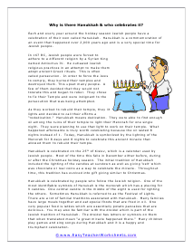 Why Hanukkah Reading Worksheet