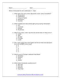 Why Hanukkah Multiple Choice Worksheet