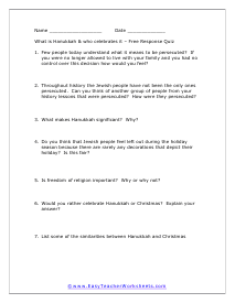 Hanukkah Short Answer Worksheet