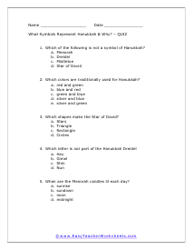 Hanukkah Multiple Choice Worksheet