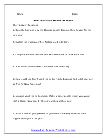 New Years Short Answer Worksheet