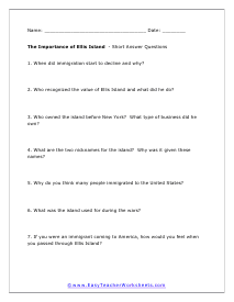 Ellis Island Short Answer Worksheet