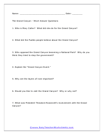 Grand Canyon Short Answer Worksheet