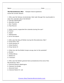 Revolutionary War Multiple Choice Worksheet