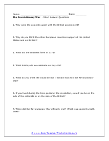 Revolutionary War Short Answer Worksheet