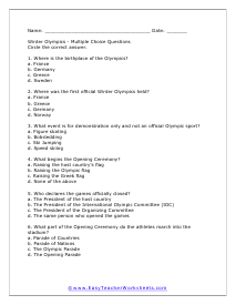 Winter Olympics Multiple Choice Worksheet